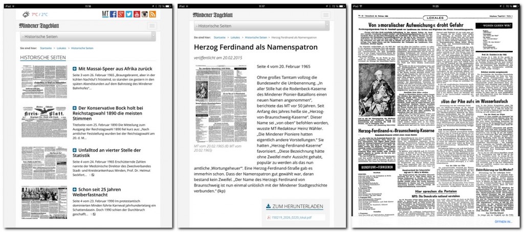 Historische Seiten im Überblick (links), in der Einzeldarstellung (mitte) und als PDF-Download (rechts), hier jeweils auf dem iPad dargestellt. Repro: MT