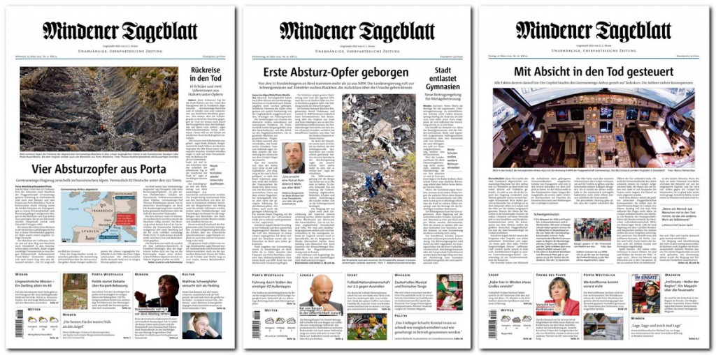Die Berichterstattung der deutschen Medien über den Absturz des Germanwings-Flugs 4U9525 - hier drei MT-Titelseiten - ist auf viel Kritik gestoßen. Jetzt hat sich der Presserat mit den zahlreich dazu eingegangenen Beschwerden beschäftigt.  Gegen das MT gab es übrigens keine. Repro: MT
