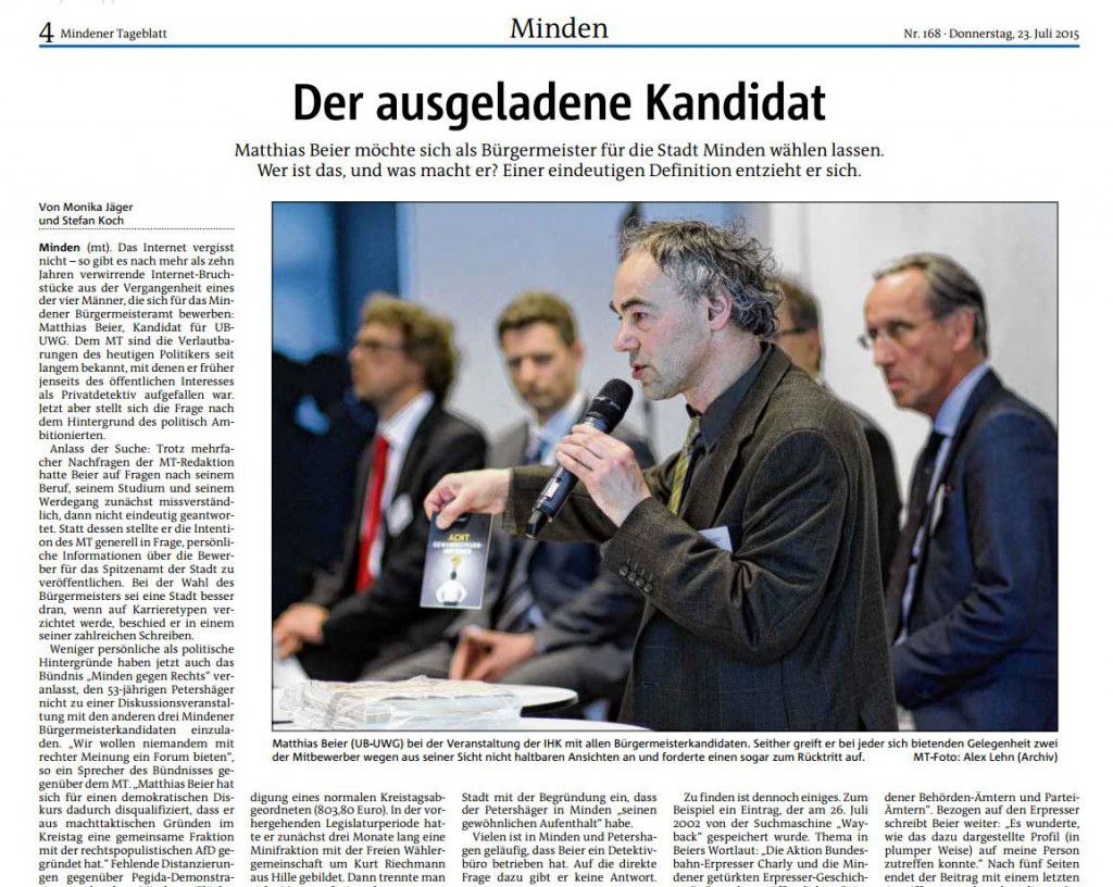 Unter der überschrift "Der ausgekladene Kandidat hatte das MT heute Morgen einen Artikel über den Bürgermeisterkandidaten Matthias Beier veröffentlicht. Der stellte Strafanzeige - schreibt er jedenfalls. Repro: MT
