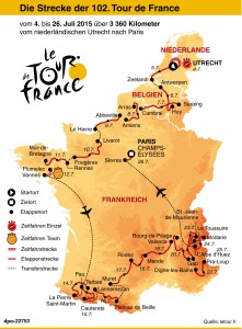 Übersicht über die Strecke der 102. Tour de France von Utrecht nach Paris vom 4. bis 26. Juli 2015. Grafik: DPA